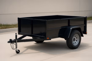 A crisp black utility trailer parked on a smooth concrete driveway