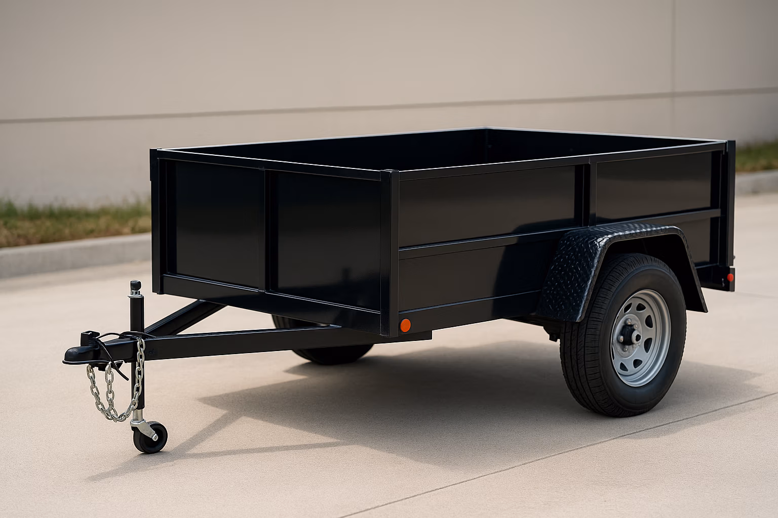A crisp black utility trailer parked on a smooth concrete driveway