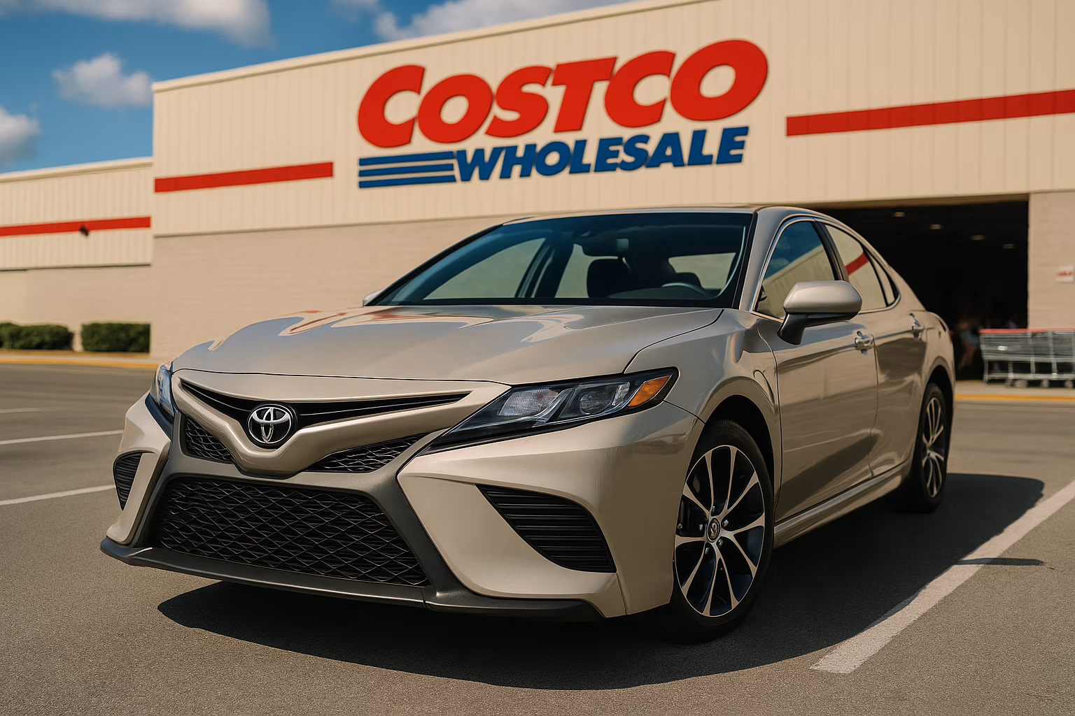 A beige Toyota Camry parked in front of a Costco Wholesale store on a sunny day, with the Costco logo prominently displayed in the background.