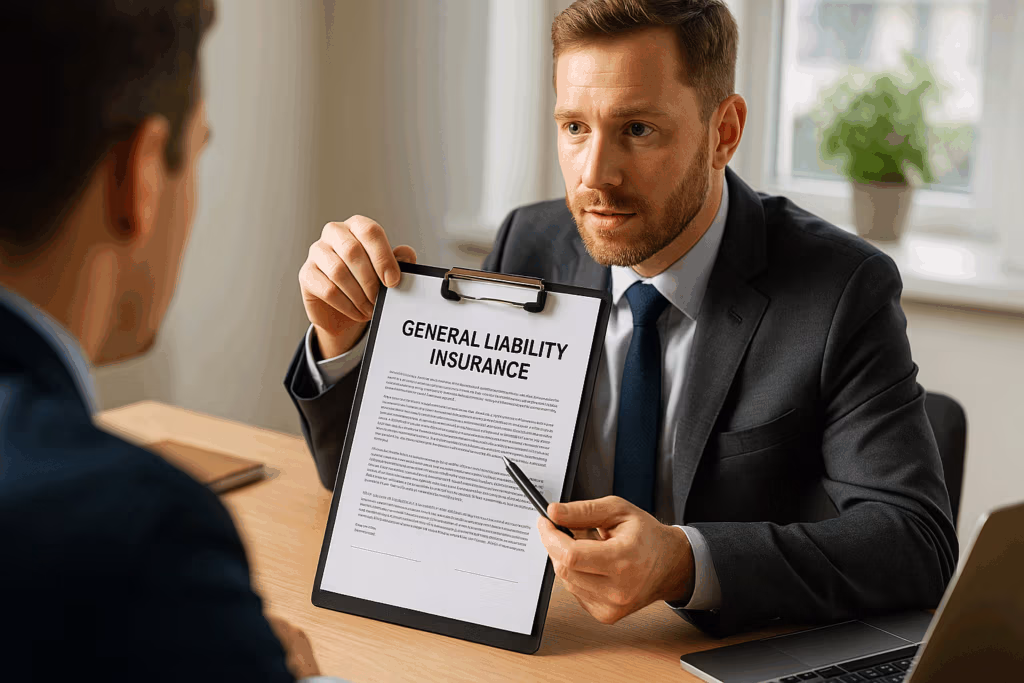 A business professional discusses general liability insurance coverage at a modern Florida office, emphasizing legal protection for small businesses.
