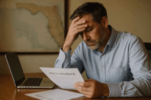 An individual reviewing health insurance documents after a job loss with a subtle map of Florida in the background