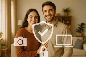 Renter couple in their apartment with clear insurance icons highlighting personal property protection