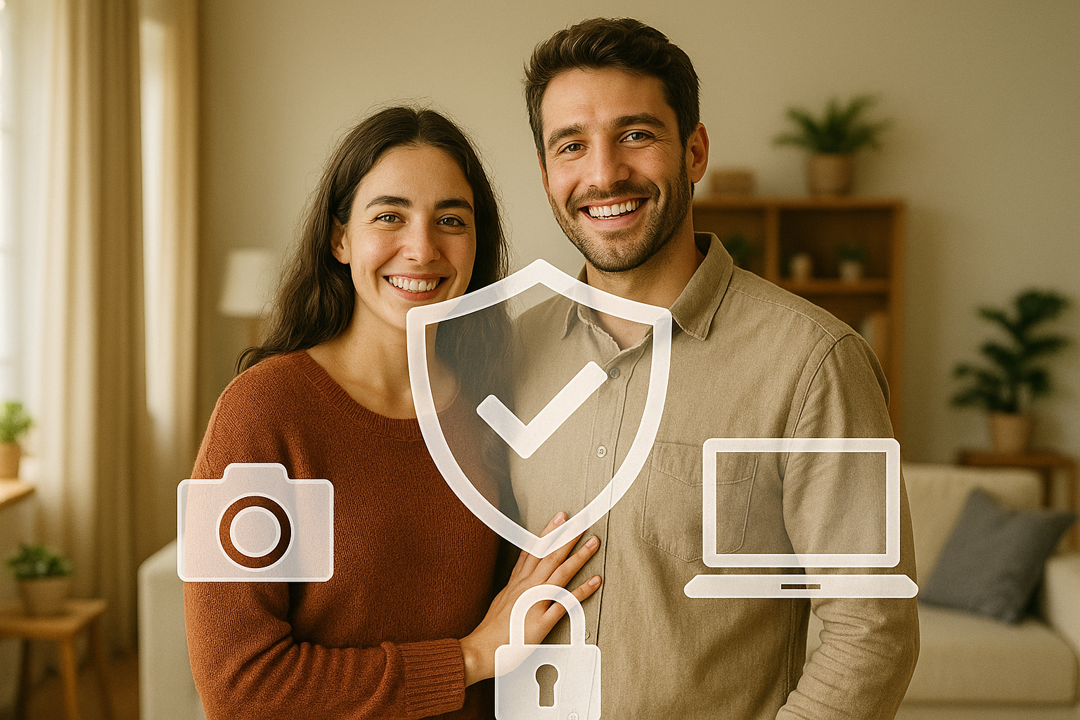 Renter couple in their apartment with clear insurance icons highlighting personal property protection