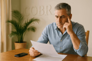 scene featuring a Florida resident reviewing paperwork, with the word “COBRA” subtly embossed on the wall.