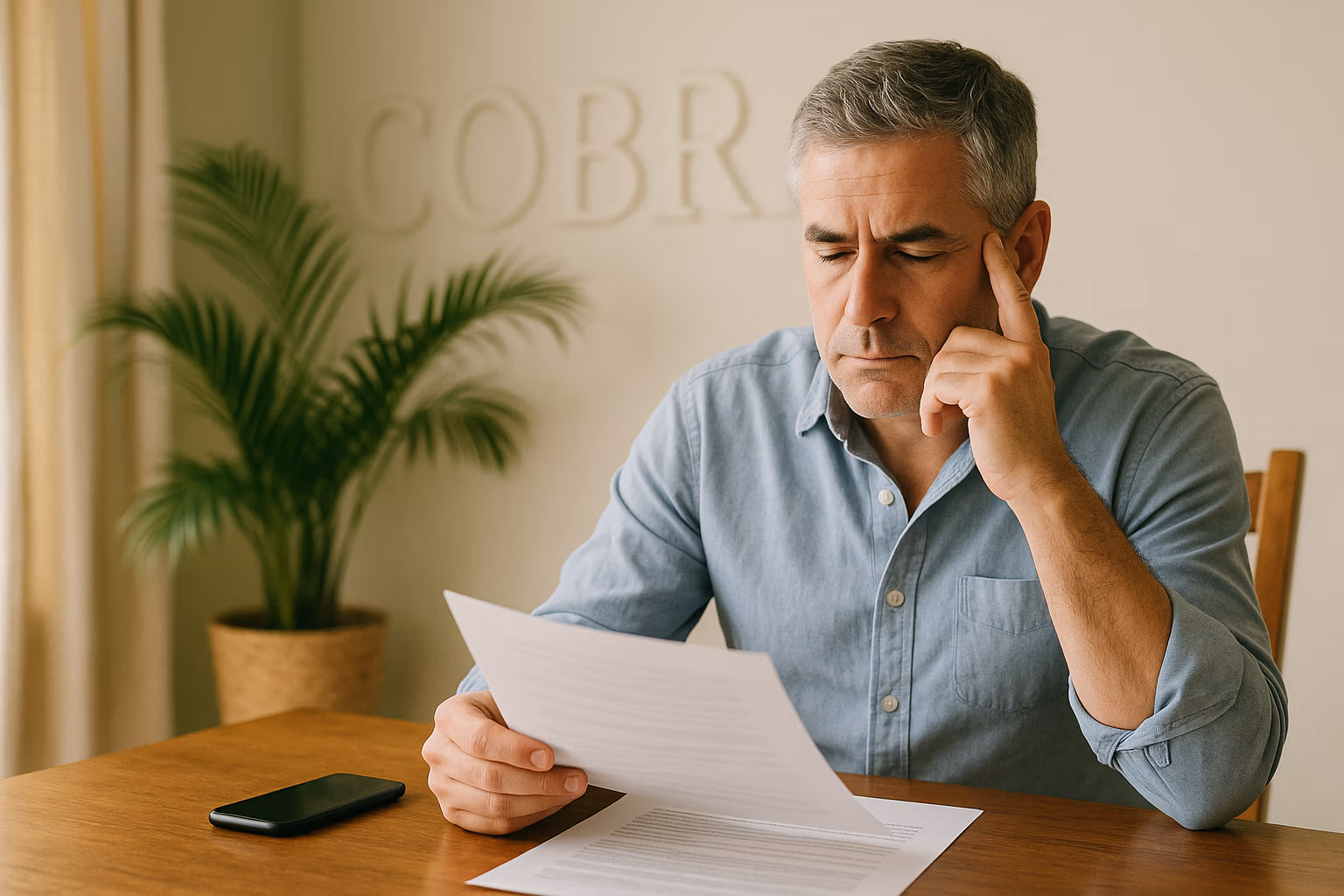 scene featuring a Florida resident reviewing paperwork, with the word “COBRA” subtly embossed on the wall.