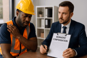 Injured construction worker consulting a professional about Workers' Compensation in a Florida office setting.