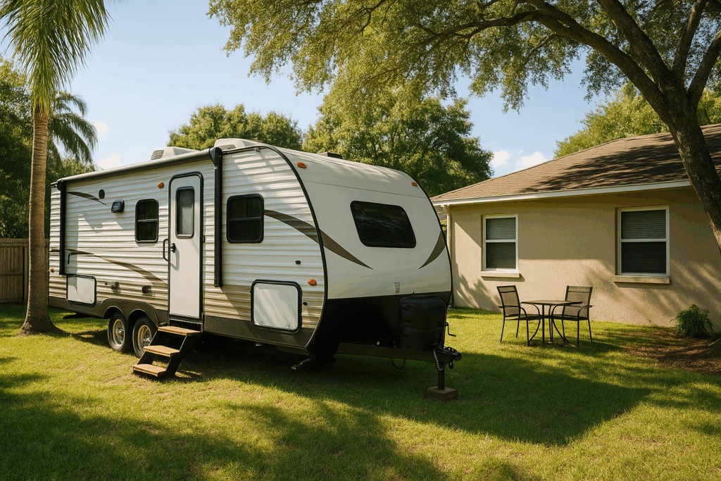 Hyperrealistic photo of a white RV parked in a Florida backyard near a house with outdoor furniture and palm trees, representing backyard RV rental insurance.