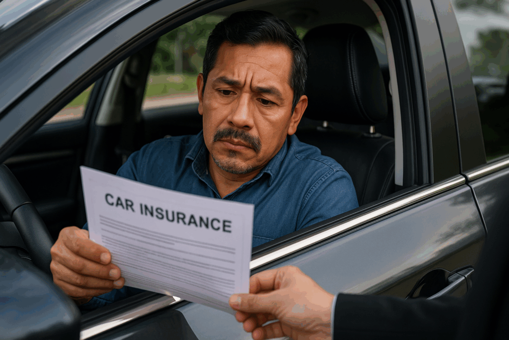 Hispanic man reviewing car insurance papers while seated in a vehicle, symbolizing access to car insurance for undocumented immigrants in Florida.
