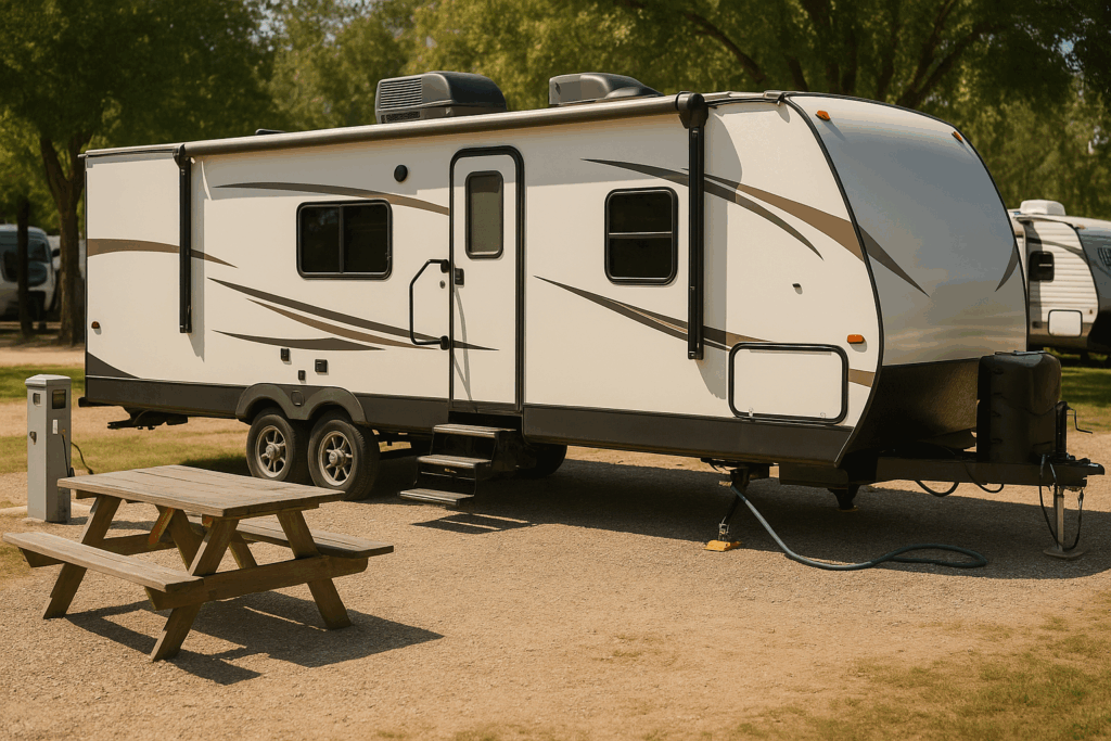 A high-resolution photograph of a white RV with beige and brown accents parked at a sunny campground with hookups and picnic area, representing real-life RV expenses.
