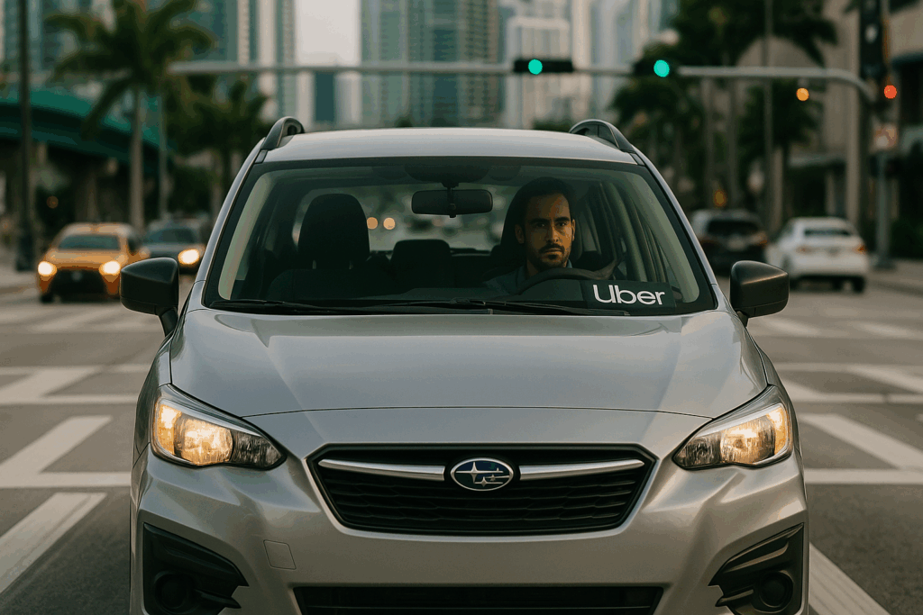 Silver Uber car with visible windshield logo and male driver, crossing a busy intersection in downtown Miami with palm trees and traffic in the background.
