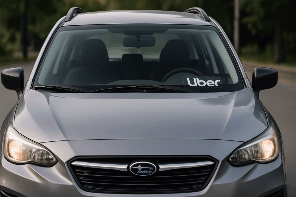 Front view of a silver Uber car parked on a Florida street with a visible Uber logo on the windshield, representing rideshare vehicle coverage.