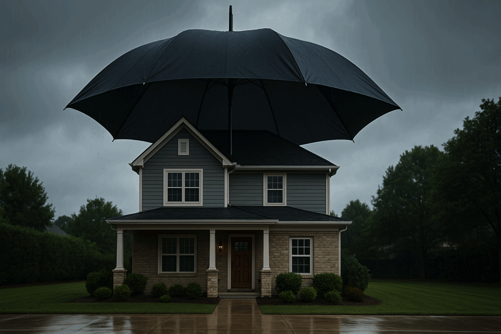 A hyperrealistic image of a Florida-style suburban home protected by a large black umbrella on a rainy day, symbolizing Citizens insurance coverage.