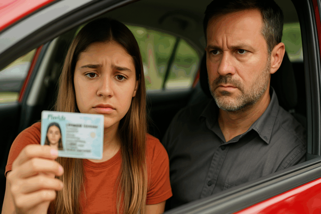 A teenage girl in Florida sitting in a red car holding a learner’s permit with concern, while an adult male in the passenger seat looks serious—highlighting the emotional impact of the new driving requirement.
