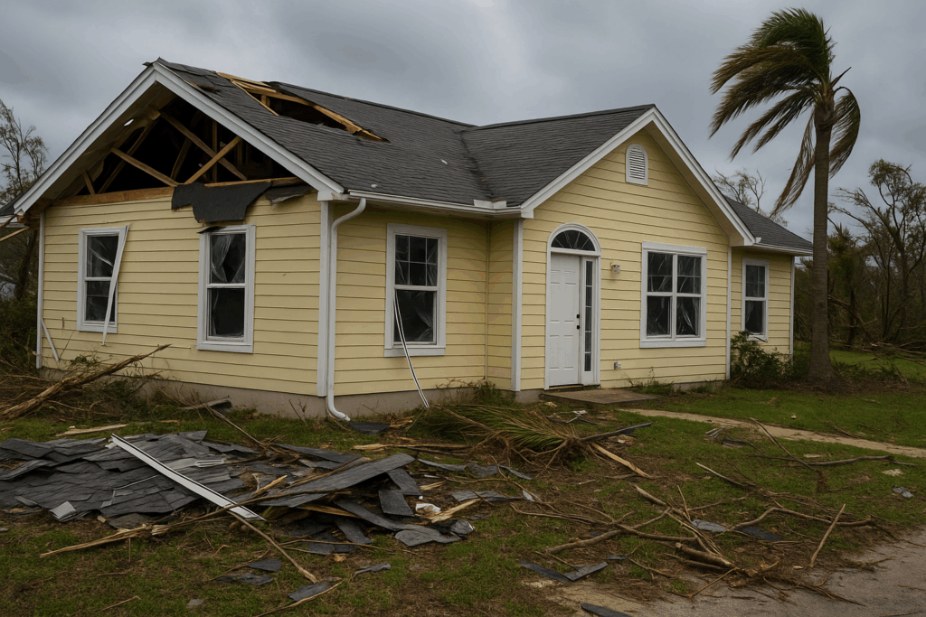 A hyperrealistic photo of a Florida home with visible hurricane damage, including roof destruction, broken windows, and debris, highlighting the importance of Florida Hurricane Insurance.