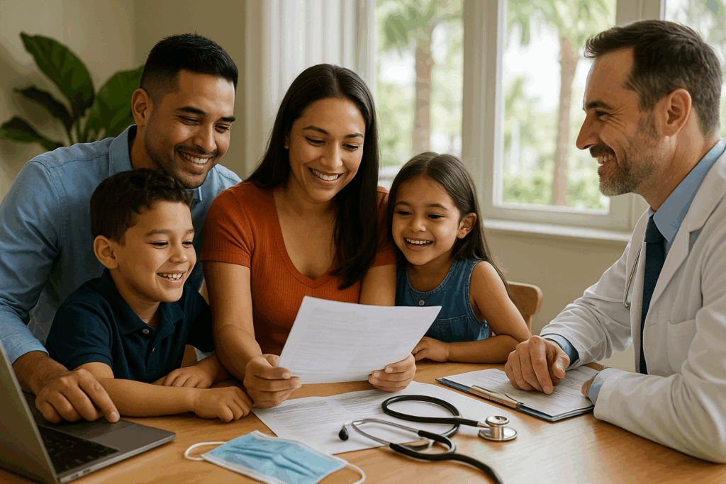 Hispanic family reviewing health-insurance paperwork with a doctor, illustrating Medicaid and Obamacare coverage options in Florida.