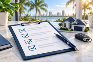 Lista de verificación para preparar una cotización de seguro, con casa y llave de auto en Florida